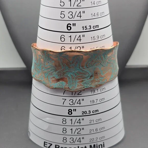 Solid Copper Starfish Cuff Bracelet 7" Turquoise Details Scalloped Edge Signed - Picture 7 of 7